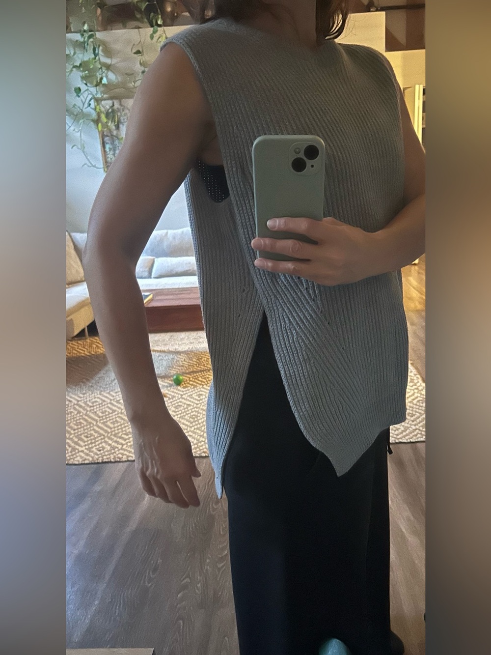 Sleeveless Gray Knit Side-Slit Top